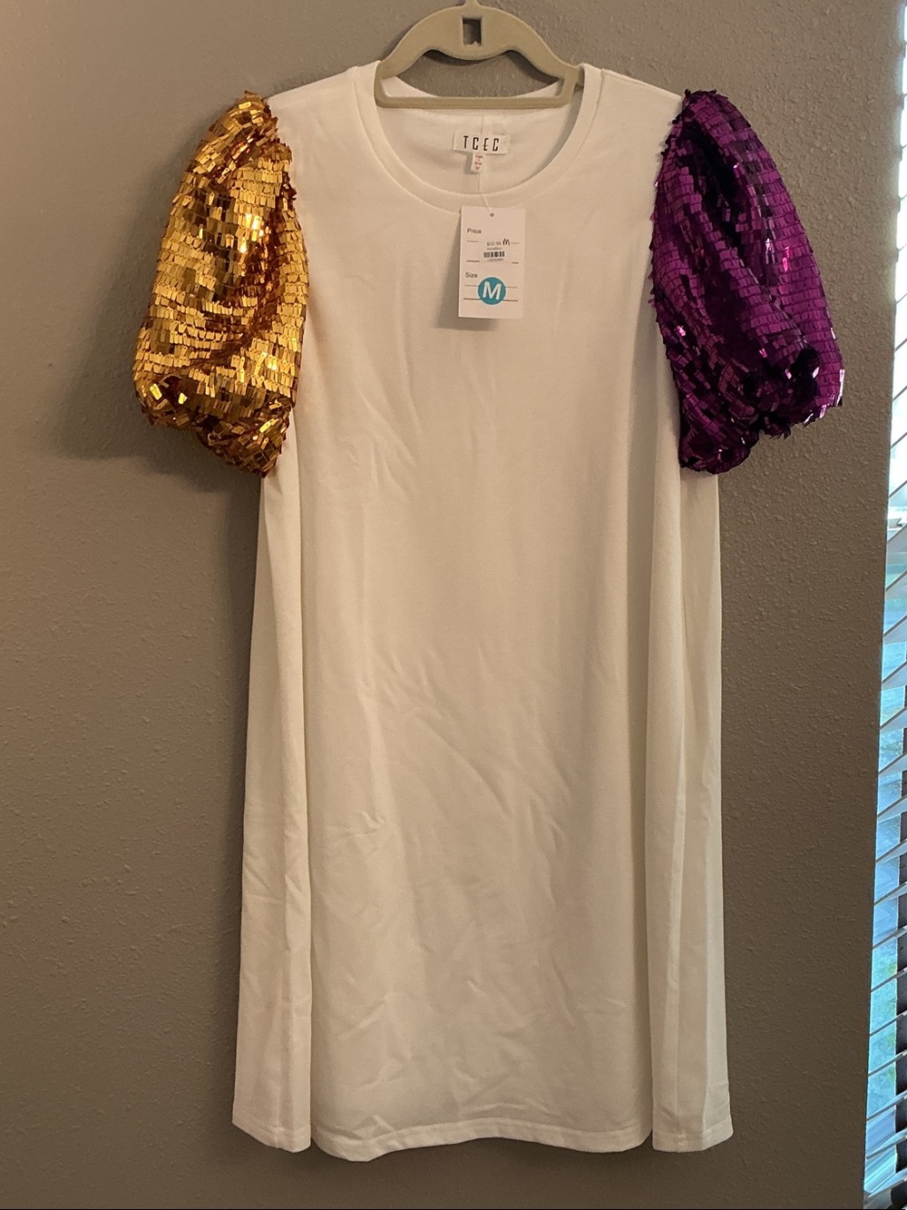 TCEC White Mini Dress with Gold & Purple Sequin Puff Sleeves